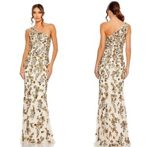 Mac Duggal Floral Beaded One Shoulder Gown 5955 Champagne Gold NWT